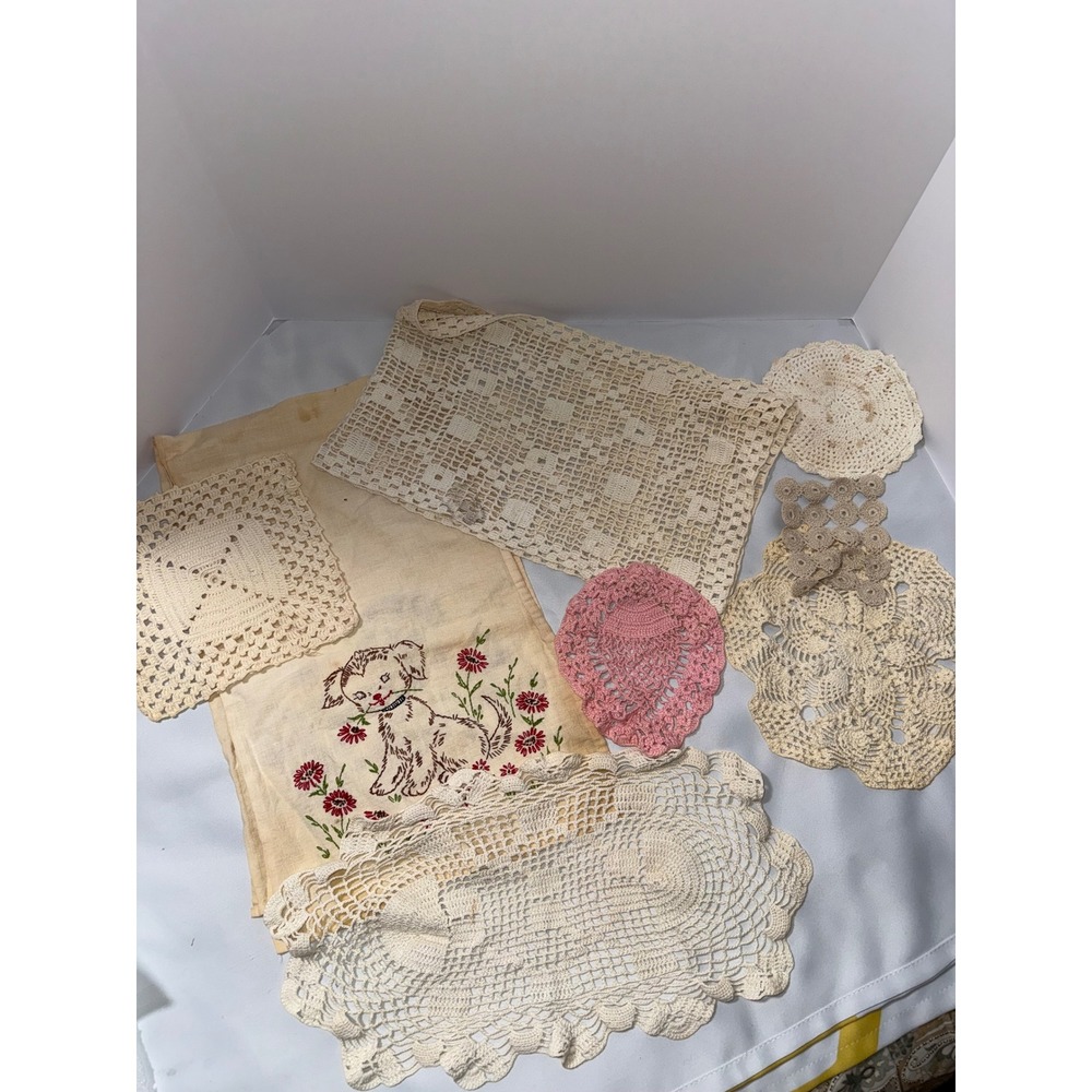 Vintage Crochet Doilies & Embroidered Puppy Linen Lot Shabby Chic Crafting 8pc
